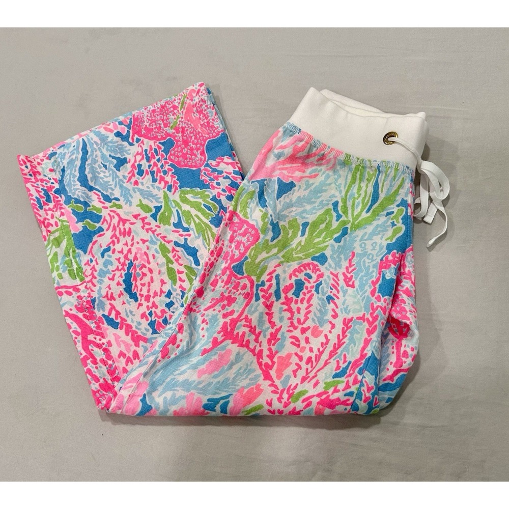 Lilly Pulitzer Sz XSmall 100% Linen Beach Pants Knit Waistband Drawstring Summer